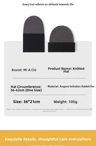 Detailed spec sheet for angora faux rabbit fur beanie showing 56-62cm size and weight