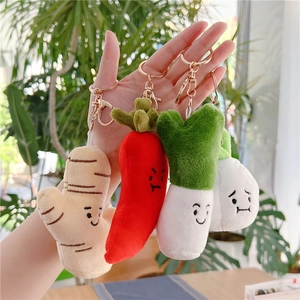 Cute plush vegetable keychains featuring ginger, chili, garlic, and leek characters