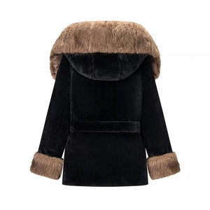 Back view of a black faux fur hooded coat with brown fur trim and an adjustable waist belt