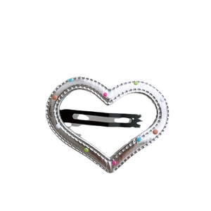Silver leather heart-shaped hair clip with colorful dots for girls, minimalist style