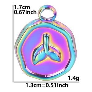 Detailed view of rainbow fishtail pendant with dimensions 1.7cm height and 1.3cm width