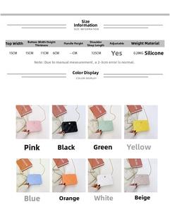 Size information chart for mini quilted silicone jelly bags with colorful chain straps
