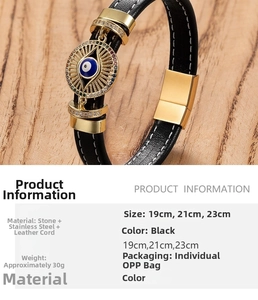 Dettaglio charm malocchio con chiusura magnetica in acciaio dorato su bracciale in cuoio