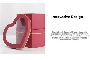 Close-up of heart-shaped gift box with a transparent rose window and gold foil trim