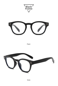 Front and side views of classic black round frame sunglasses with UV protection features