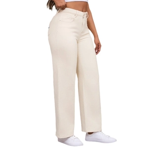 Jean femme blanc crème taille haute jambe large avec coupe droite en denim épais