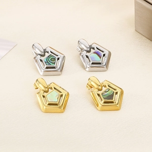 Detailed view of square shell-inlaid earrings in gold and silver stainless steel