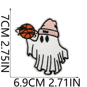 Detail of ghost patch with pink hat playing basketball showing embroidery texture