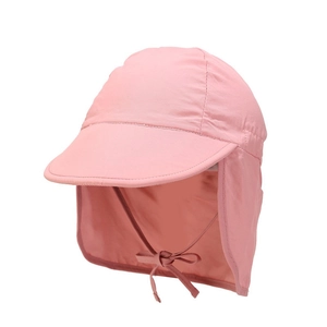 Pink kids sun hat with neck flap and chin strap for full UV protection in summer