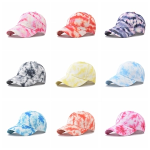 Collection of nine tie-dye cotton baseball caps in various starry gradient colors