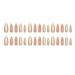 30-piece press on nails with cat eye effect and gold sunset design in long almond shape