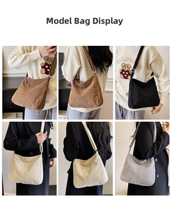 Multiple views of stylish corduroy tote bags in brown, black, beige, and grey colors