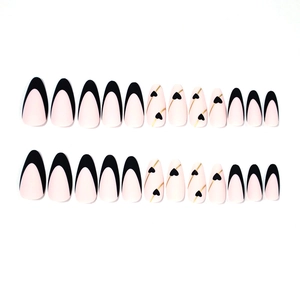 24pcs pink almond press-on nails with black French lines and golden heart designs