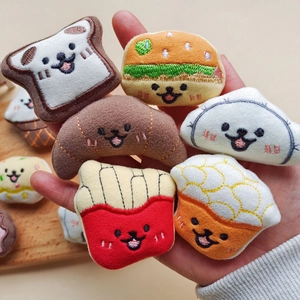 Cute plush food accessories set featuring cartoon toast burger and croissant charms