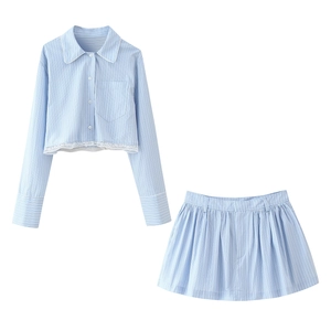 Preppy Style Light Blue White Striped Lace Trim Long Sleeve Crop Shirt And Pleated Mini Skirt Top And Bottom For Women