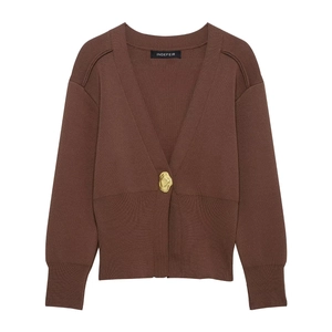 Deep brown V-neck knit cardigan for women featuring a gold irregular metal button