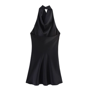 Elegant black satin halter dress with a draped cowl neck and backless mini silhouette