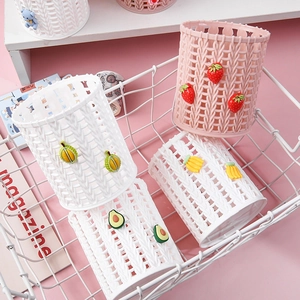 Cute round woven plastic desk organizer with fruit patterns and bear decorations