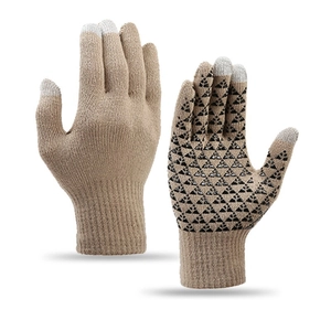 Khaki knitted touchscreen winter gloves with anti-slip palm grip for men and women