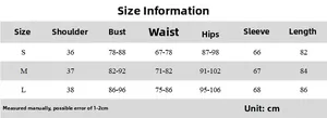 Detailed size chart for lace patchwork dress with shoulder and bust measurements in cm