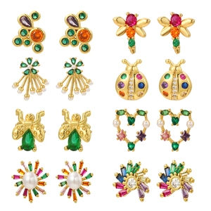 Set of eight gold-plated earrings with colorful zircon bees, ladybugs and flower charms