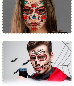 Macro view of Day of the Dead floral sugar skull and spider web face tattoo stickers