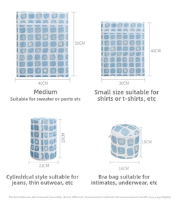 Size chart showing mesh laundry bag dimensions for sweaters, shirts and delicates