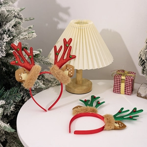 Christmas glitter reindeer antlers headband with bells and plush ears for festive parties
