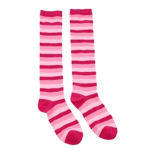 Pink and rose red striped knee-high knit cotton socks displayed on a white background