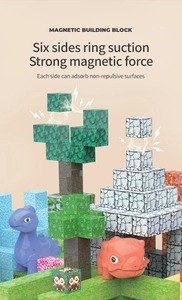 Detail showing magnetic blocks with pixel textures and dinosaur figures for building play