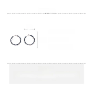Detailed specs of geometric blue denim hoop earrings with frayed edges and iron core