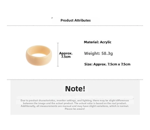 Detailed specs of beige acrylic bangle showing 58.3g weight and 7.5cm dimensions
