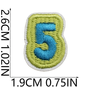 Detailed view of sky blue number 5 embroidered patch with green border, size 2.6cm by 1.9cm