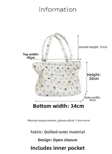 Quilted tote bag detail with bear print and size specs: 40x30x8cm and 27cm handle