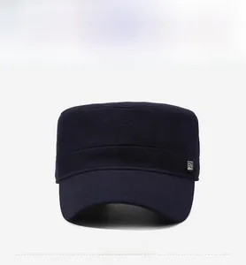 Front view of navy blue cotton cadet cap for men with a square metal logo detail