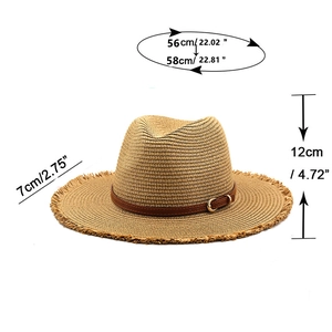 Straw fedora hat size chart with 7cm frayed brim and 12cm crown height detail