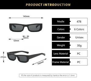 Detailed size chart for square frame sunglasses with precise lens and frame measurements
