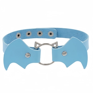 Close-up of light blue PU leather choker with cat-ear ring and bat wings detail