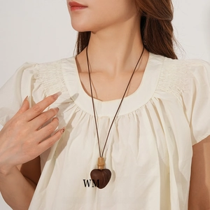 New Chinese style wooden heart pendant necklace with dark rope cord for women