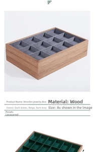 Detailed close-up of velvet-lined walnut wood jewelry display tray in dark green and grey