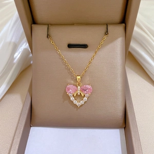 Sweet Heart Bow Pendant Necklace Titanium Steel Chain Copper Pink Zirconia Micro Inlaid Elegant Jewelry For Women