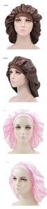 Detailed view of extra large satin bonnets in coffee and pink with elastic wide bands