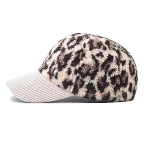 Winter baseball cap featuring leopard faux fur crown and cream corduroy brim