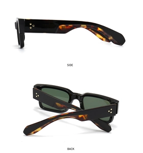 Detail of square acetate sunglasses showing gold star rivets on temple from side and back view