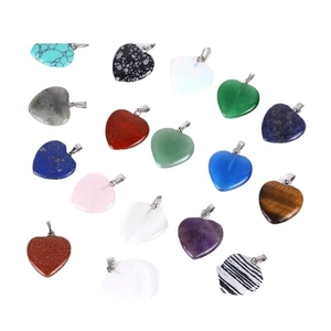 Mixed natural stone heart-shaped pendants with silver metal clasps on white background