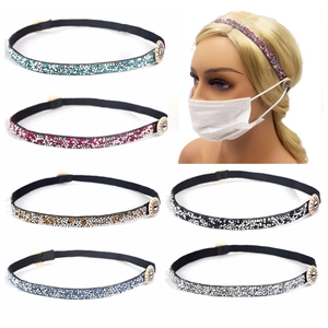 Detail of glitter elastic headbands with buttons for face masks in various colors