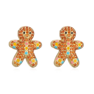 Sparkling gingerbread man stud earrings with colorful enamel and gold-plated finish