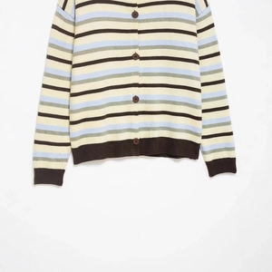 Women's multi-color striped polo collar knit cardigan with long sleeves and buttons