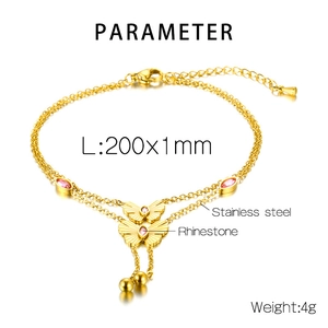 Detail view of double-layer golden butterfly bracelet with pink rhinestones and size guide
