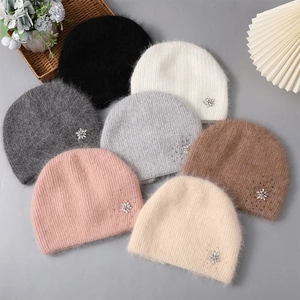 Winter angora rabbit fur knit beanies with snowflake rhinestone in seven colors
